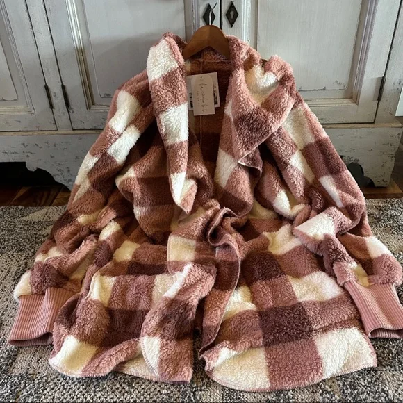 New Cozy Oversized Teddy Hooded Pink Plaid Cardigan Sweater Coat Western  Boho - Picture 4 of 9